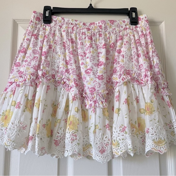 LoveShackFancy Becca Pink Floral Eyelet Ruffles Mini Skirt Size M - Picture 3 of 14